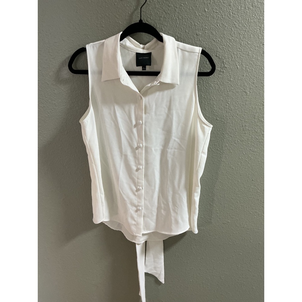 Alex Marie Womens White Sleeveless Button Down Blouse Back Tie Accent Large